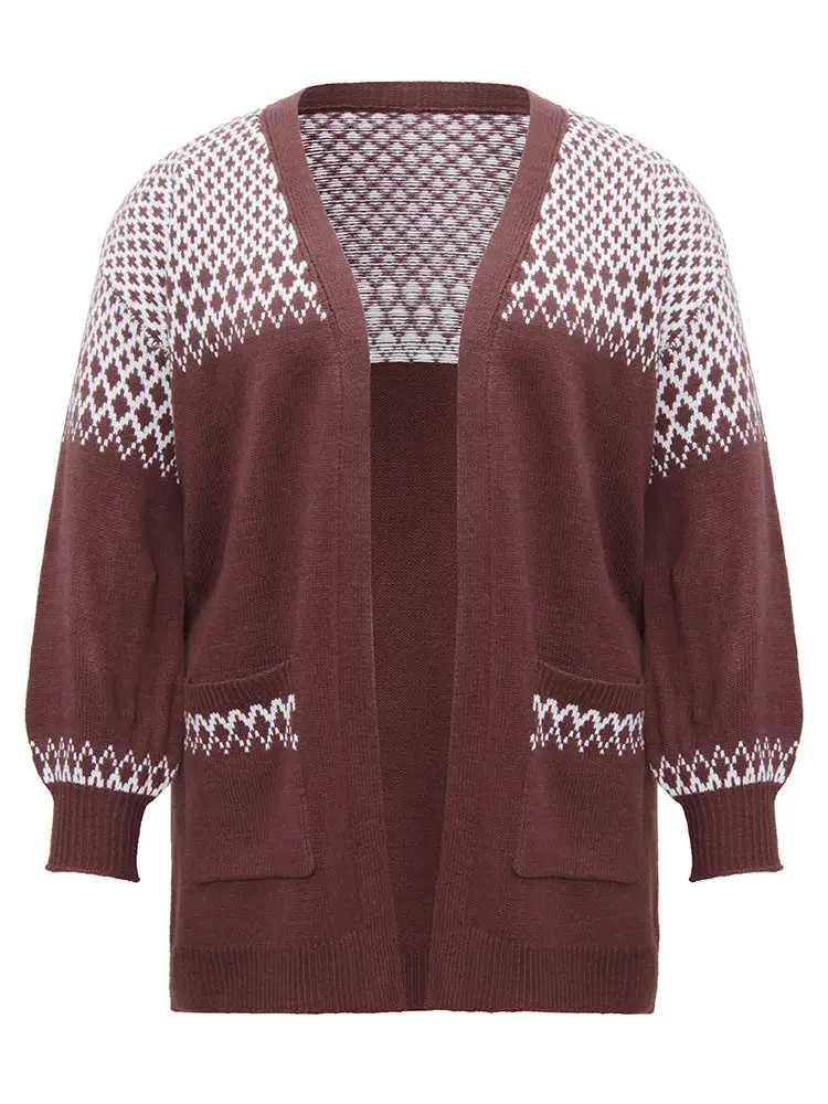 Geometric Contrast Patched Pocket Jacquard Cardigan