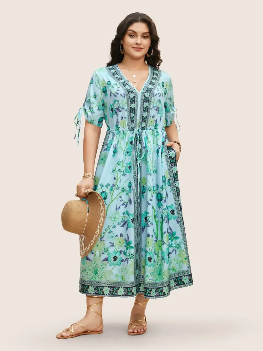 Boho Print V Neck Drawstring Dress