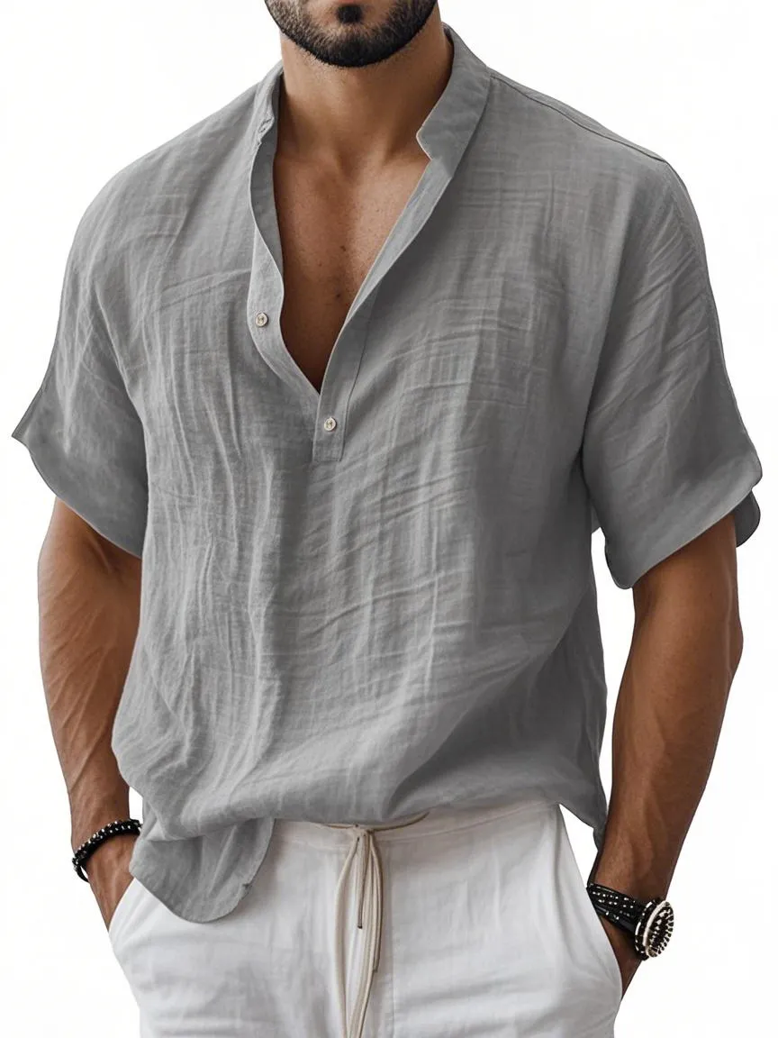 Men's Breathable Linen Henley Button Short Sleeve T-Shirt Henley Shirt