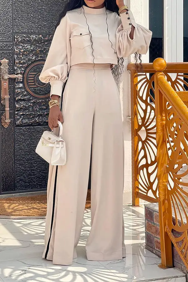 Colorblock Mock-Neck Wide-Leg Pant Set