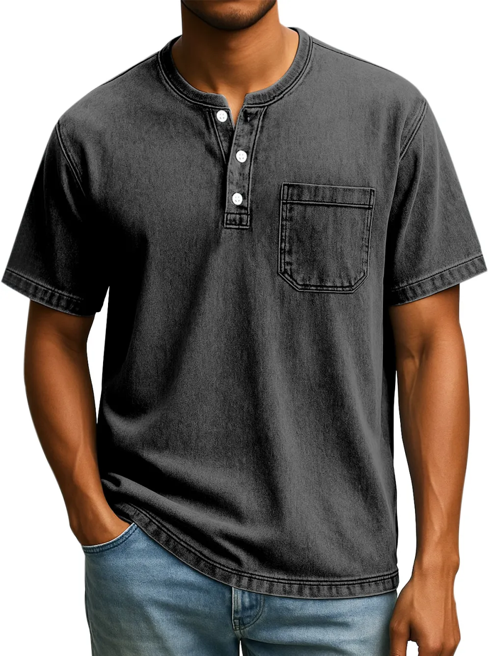 Men's Retro Casual Simple Solid Color Button Short Sleeve Henley Shirt