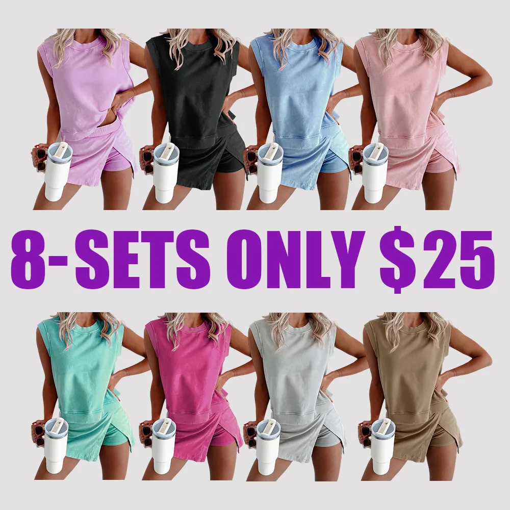 Women's Casual 2-Piece Cotton Tank & Split Skirt Set – Solid Color Summer Outfit