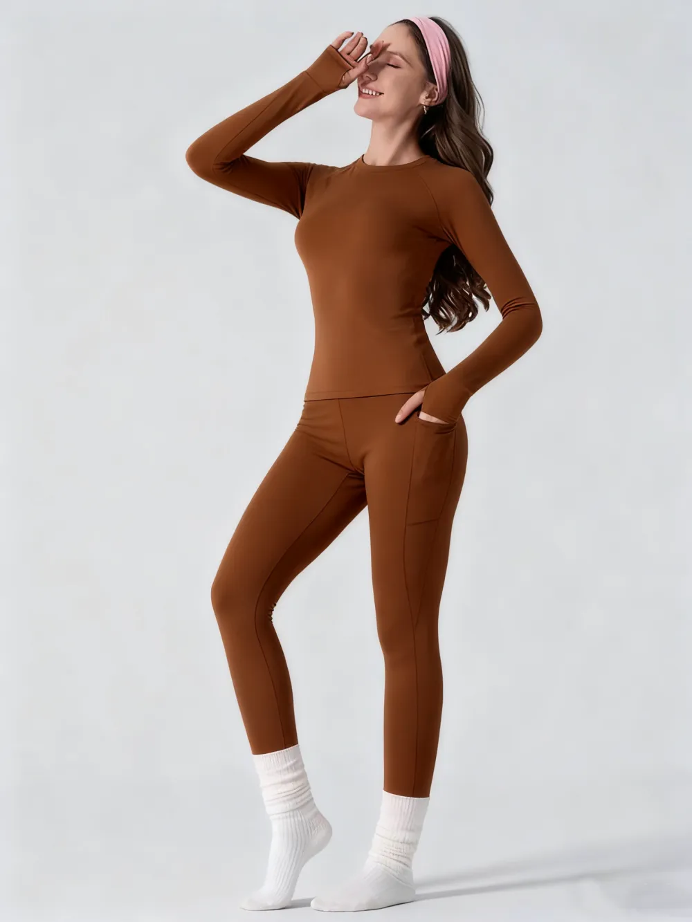 Women's Sporty Yoga Set, Raglan sleeves Top with Thumbholes