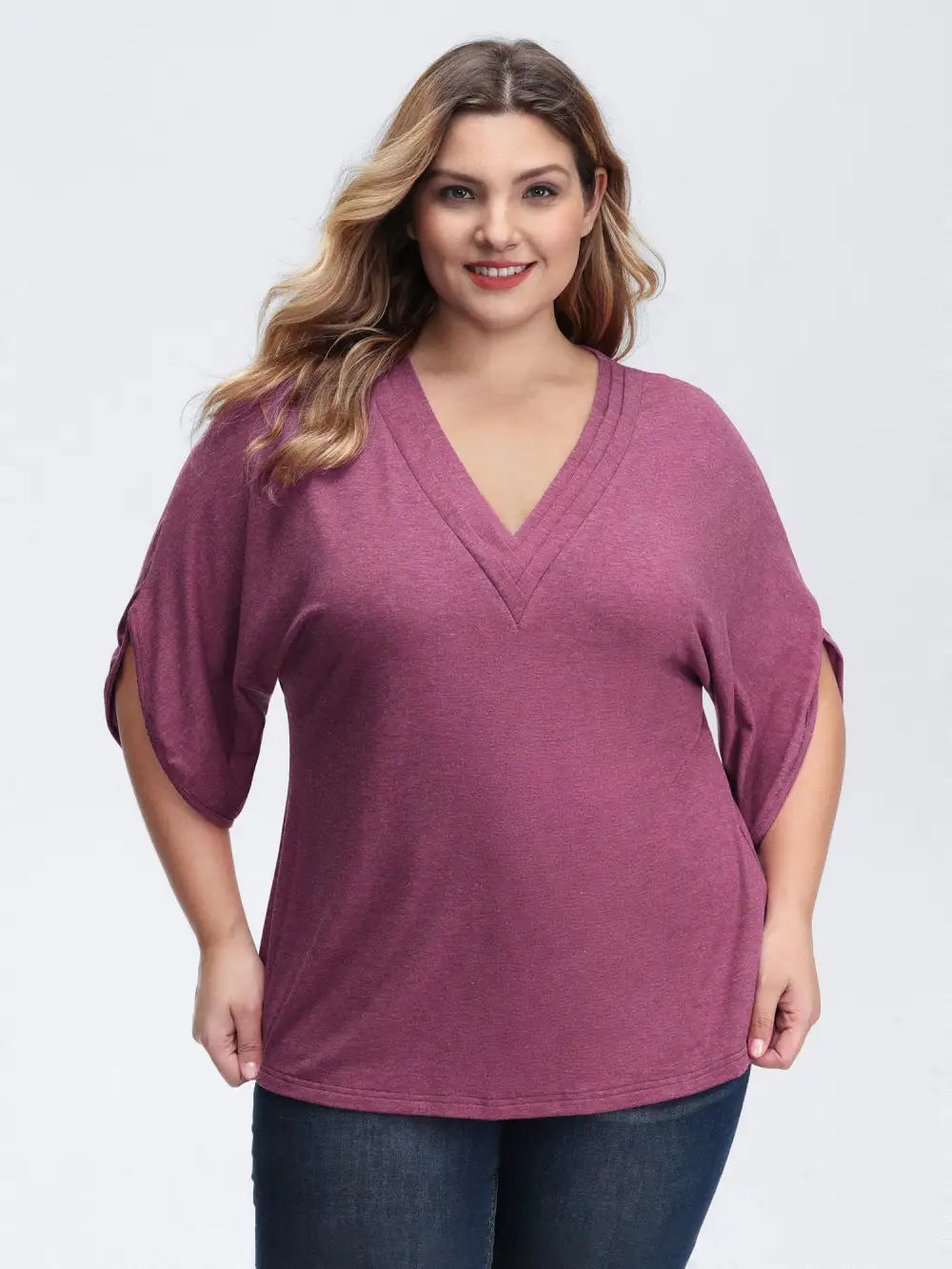 V-Neck Plicated Detail Bat Sleeve T-Shirt