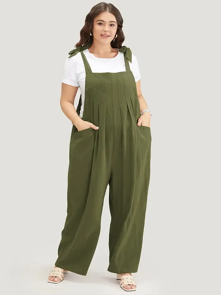 Solid Pleated Detail Pocket Knotted Shoulder Overall Jumpsuit