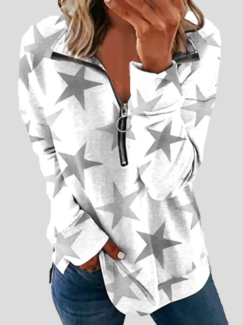 Women's T-Shirts Zip Lapel Printed Long Sleeve T-Shirts（⚡Clearance Sale）
