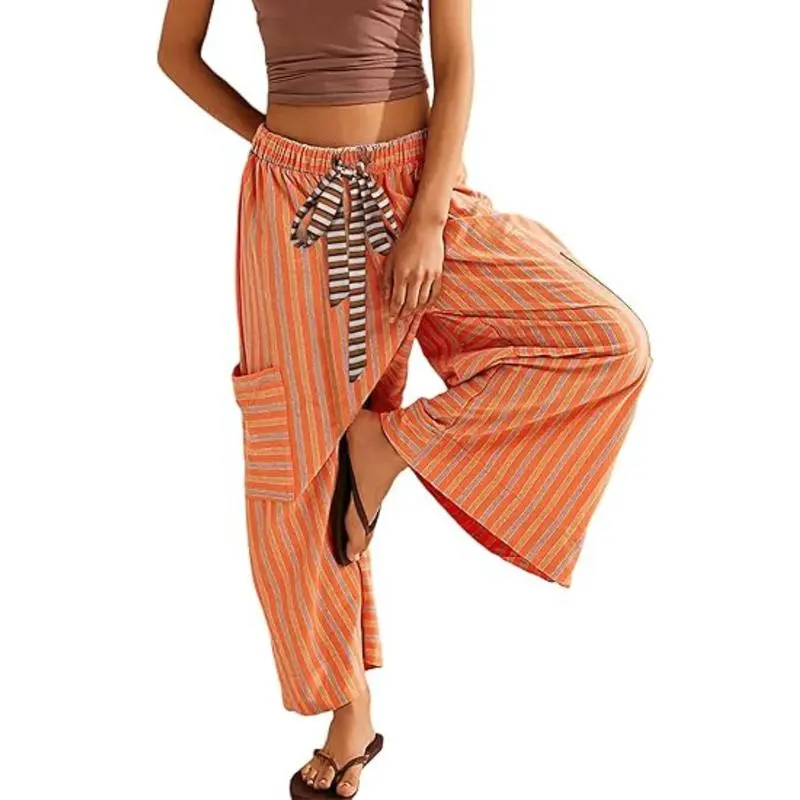 Women’s Striped Wide-Leg Pants-Drawstring, Loose Fit, Pockets