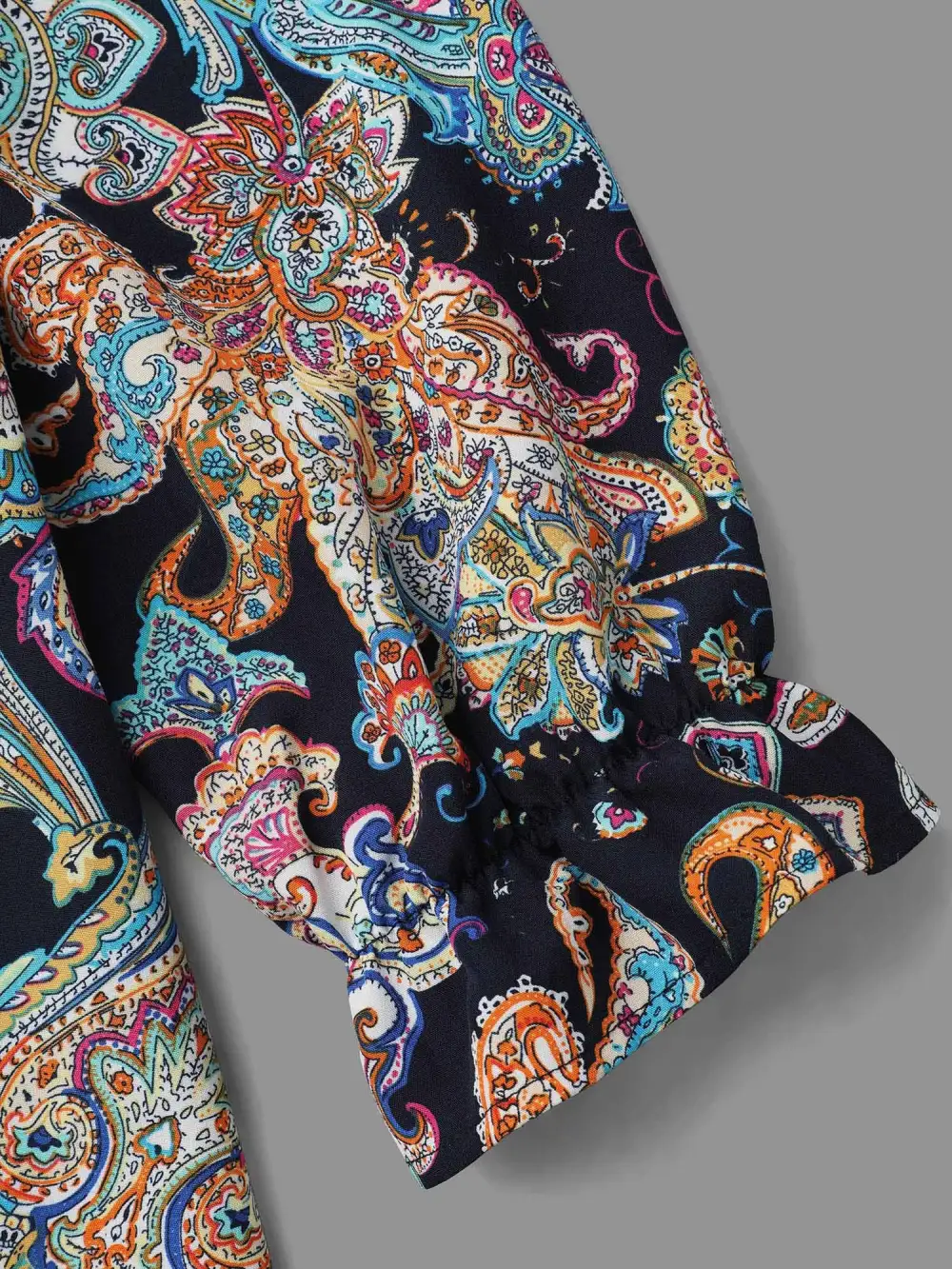 Stand Collar Paisley Shirred Blouse