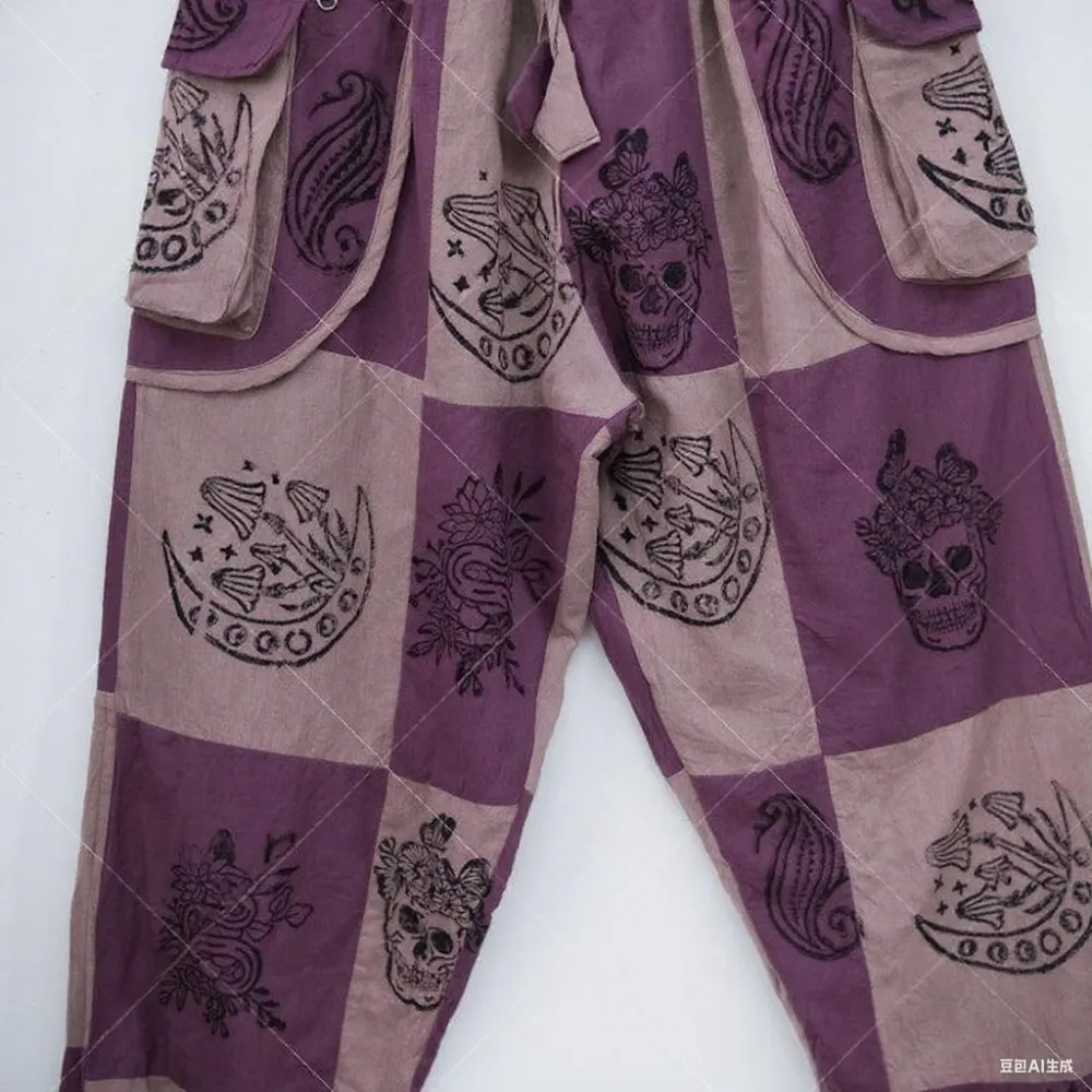 Unisex Patchwork Cotton Jogger Pants – Gothic Boho Style, Multi-Pocket Cargo Trousers, Plus Size Friendly