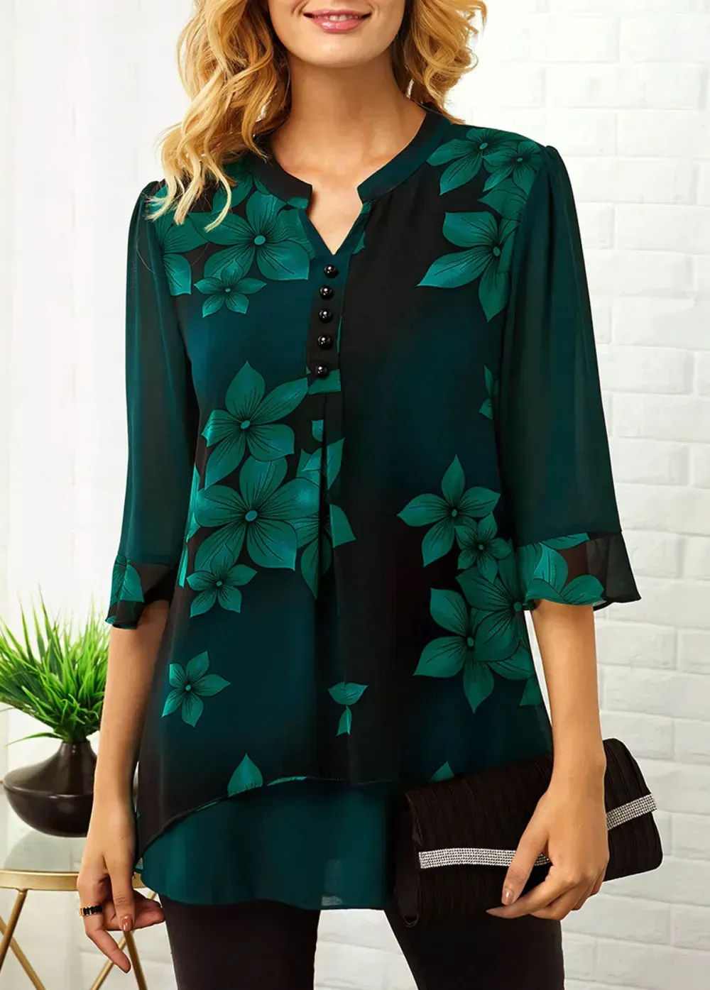 Split Neck Large Floral Print Button Detail Blouse