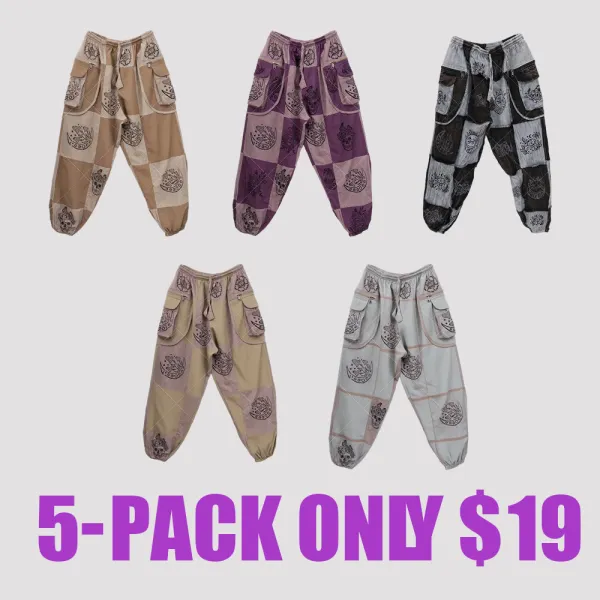 Unisex Patchwork Cotton Jogger Pants – Gothic Boho Style, Multi-Pocket Cargo Trousers, Plus Size Friendly