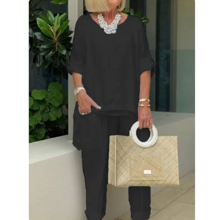 Women's Casual Solid Linen Sleeve Top Slacks Suit