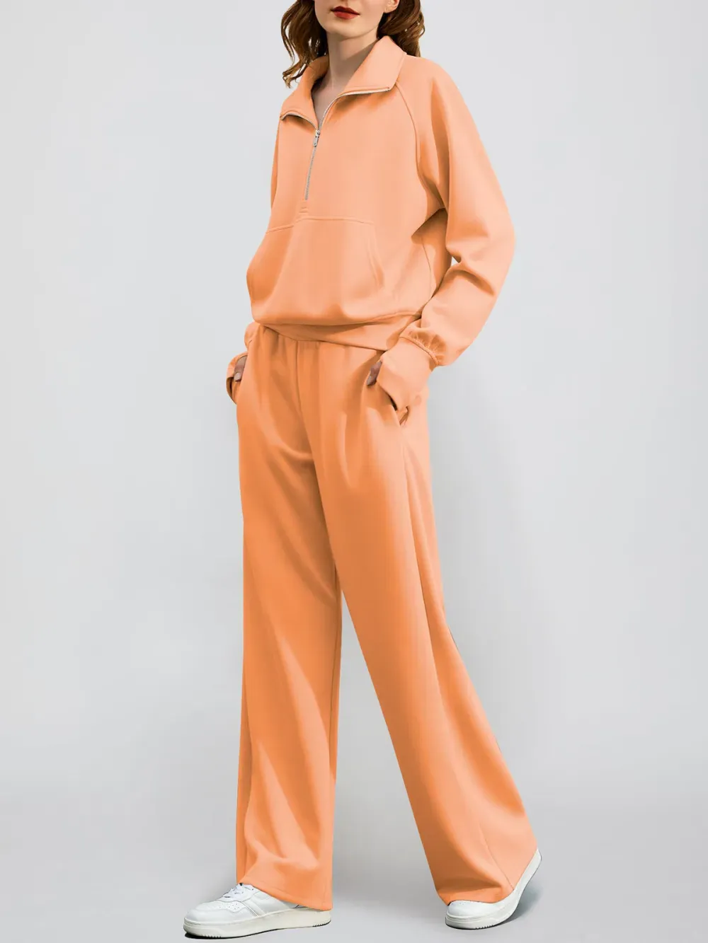 Women's Oversized Half Zip Wide Leg 2 Piece Outfits Lounge Set