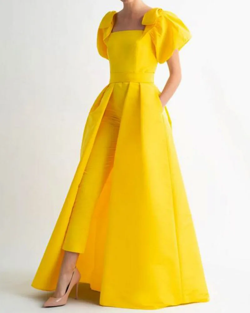 Large skirt satin brocade jumpsuit with bow