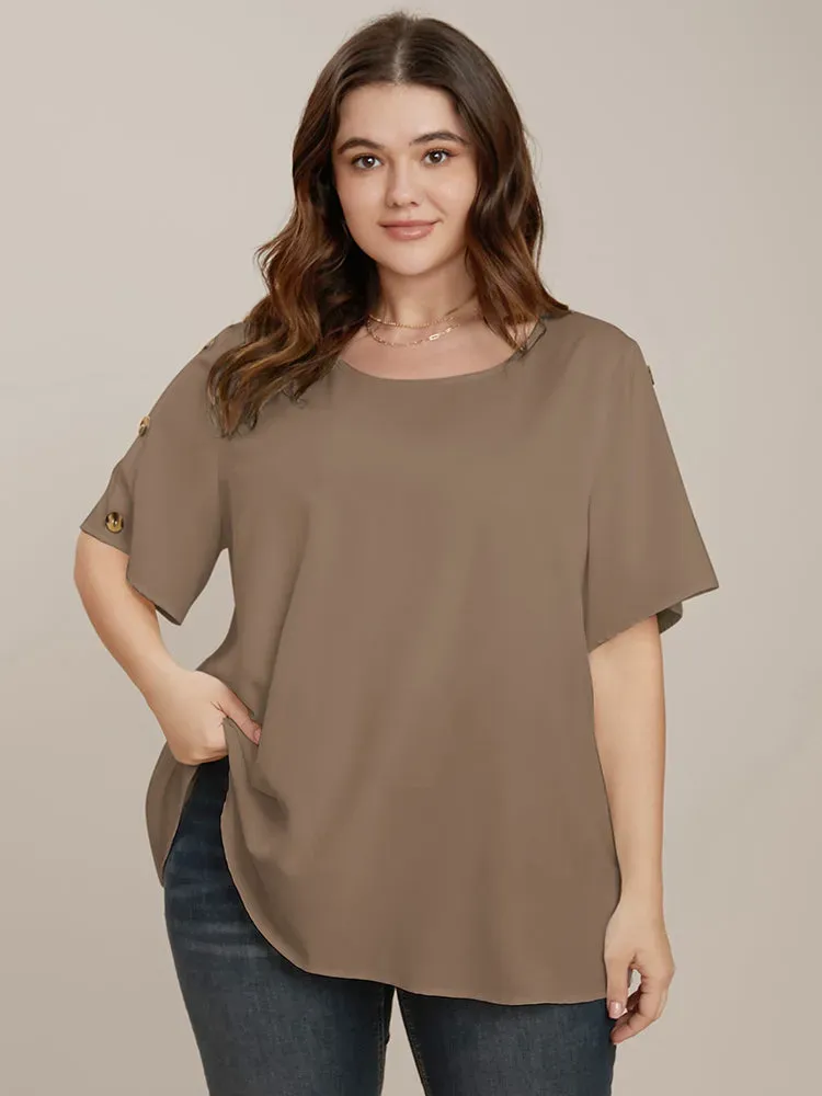 Plain Round Neck Button Detail Blouse