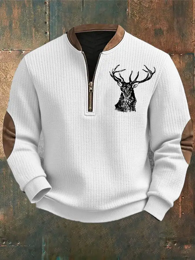 Men's Retro Western Contrast Print Zip-Neck Sweatshirt