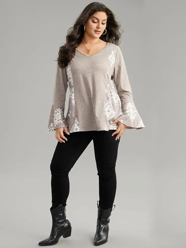 Floral Print Bell Sleeve V Neck T-Shirt