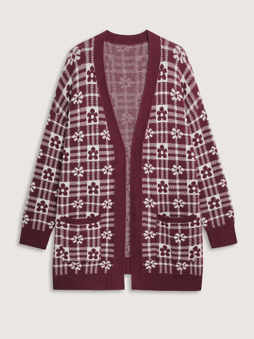 Supersoft Floral Checkered Pockets Knit Cardigan
