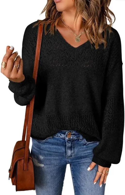 Womens Sweaters Casual Long Sleeve V Neck Lightweight Crochet Pullover Sweater Tops