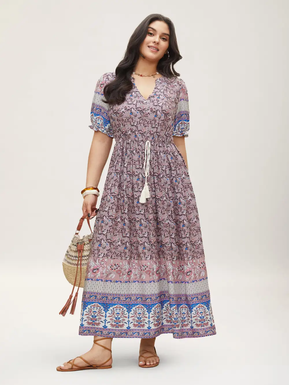 Boho Print Notched Ties Tassel Trim Dress