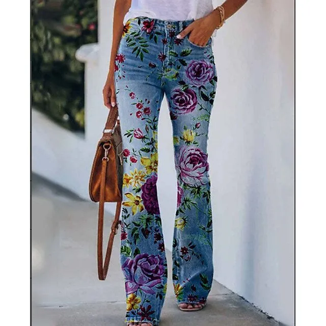 Women's Jeans Flared Pants Bell Bottom Full Length Faux Denim Side Pockets Print Micro-elastic Fashion Halloween Weekend Blue Red & White S M