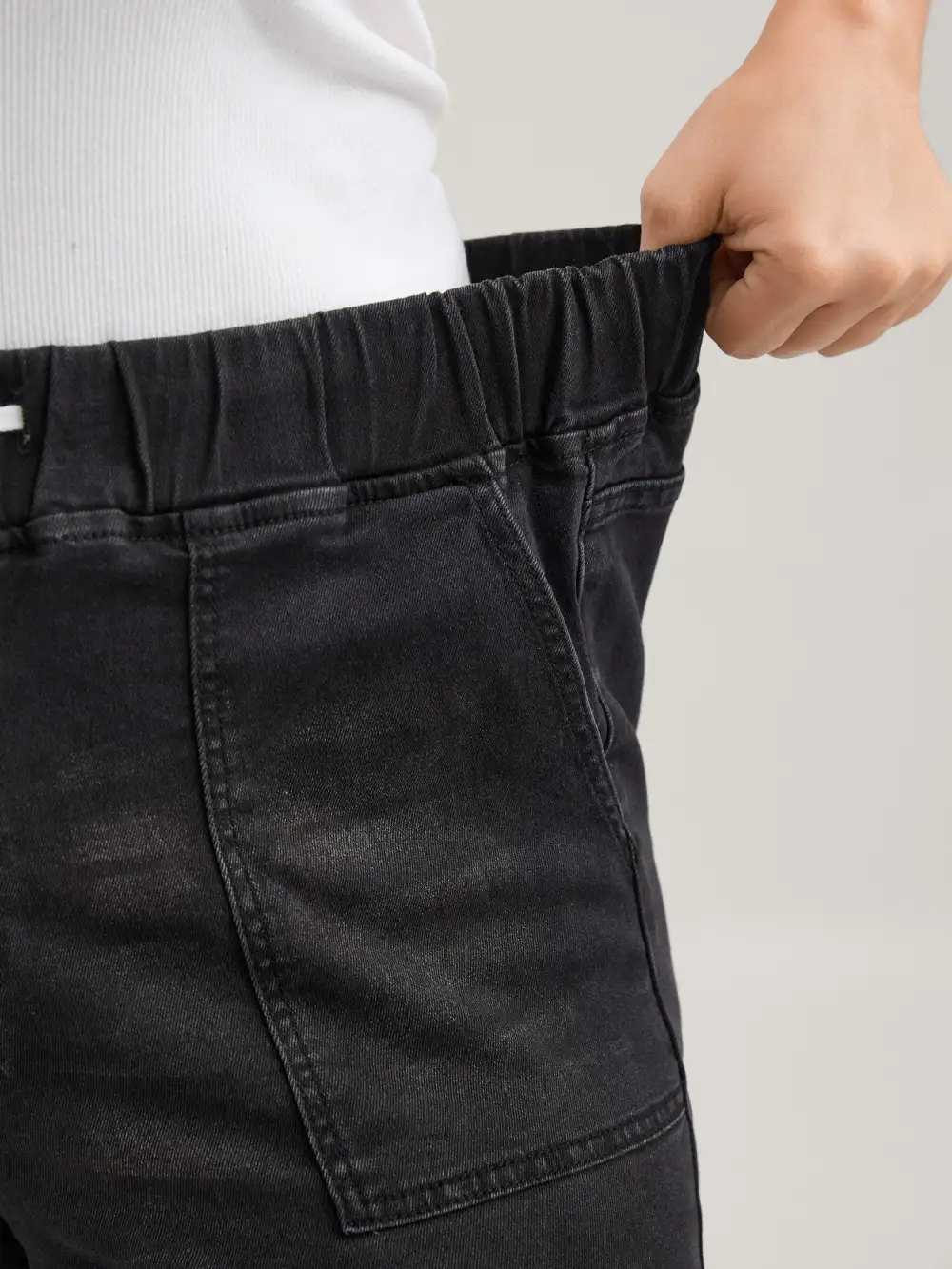 Drawstring Elastic Waist Roll Hem Jeans