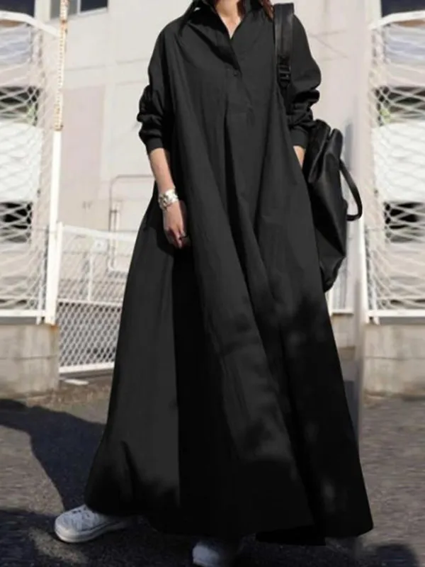 Urban Solid Color Loose Long Sleeve Shirt Dress