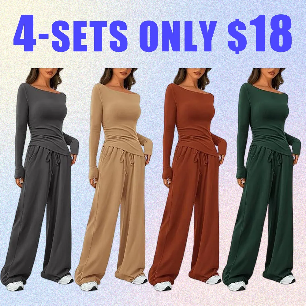 Women's 2-Piece Lounge Set – Asymmetrical Long Sleeve Top & Wide-Leg Pants, Casual Minimalist Tracksuit