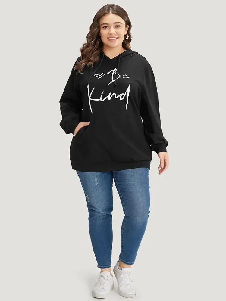 Letter Print Pocket Drawstring Hooded Sweatshirt