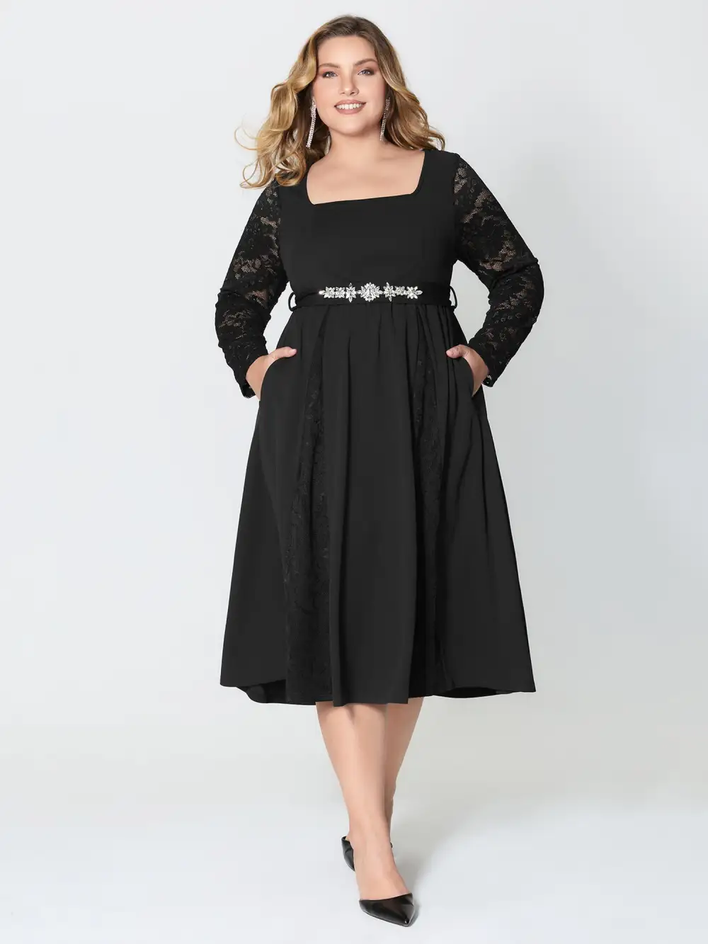 Hotfix Rhinestones Lace Trim Midi Dress