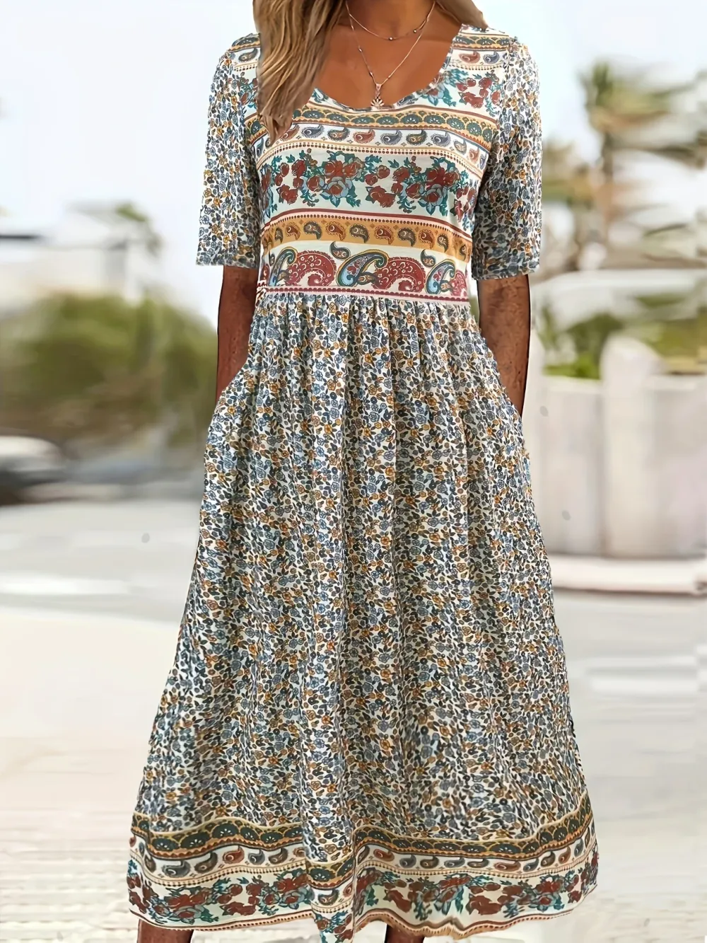 Floral Print Crew Neck Dress, Casual Short Sleeve Dress For Spring & Summer