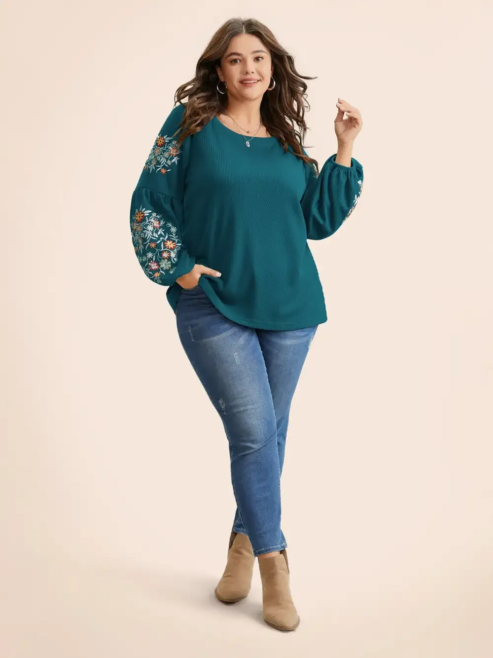 Waffle Knit Floral Embroidered Lantern Sleeve T-Shirt