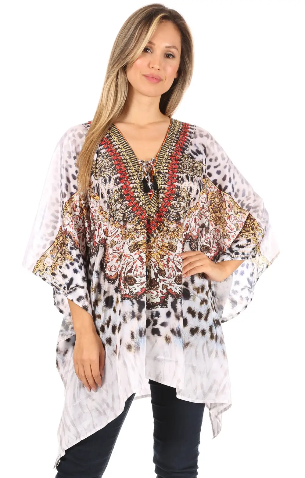 Women's Caftan Poncho Cover up V neck Top Lace up With Rhinestone