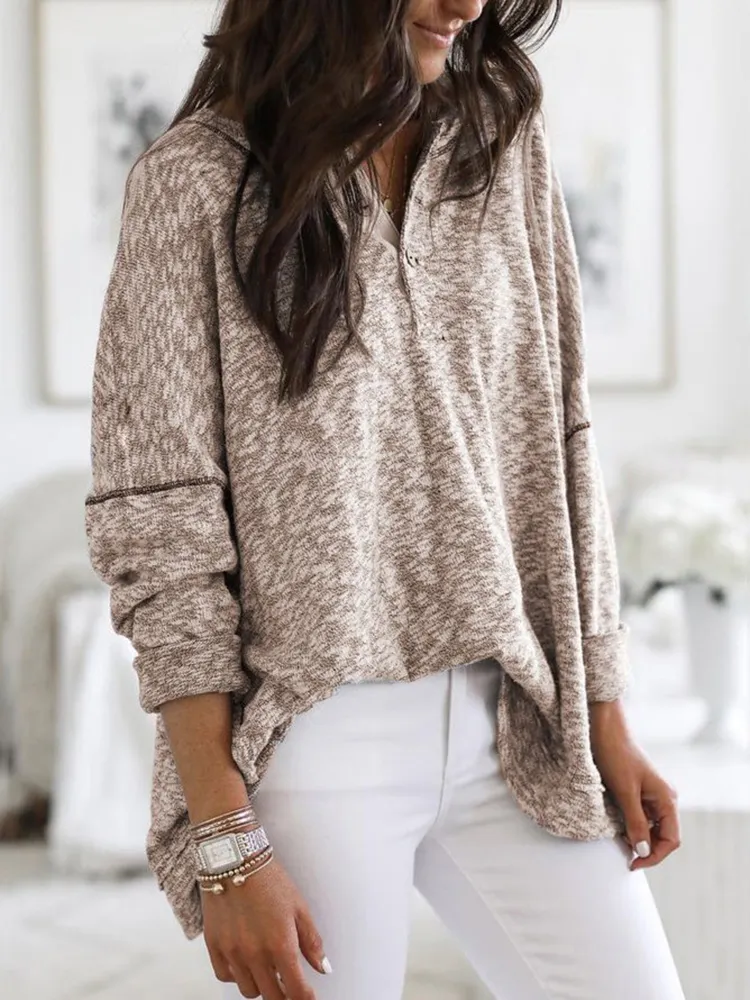 Long-Sleeve V-Neck Button Pullover Knitwear