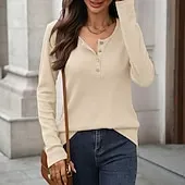 Women's Texture Blouse T Shirt Plain Casual Long Sleeve V Neck Regular Tops Daily Going out Buttons Black Dusty Blue Fuchsia Brown Beige Fall