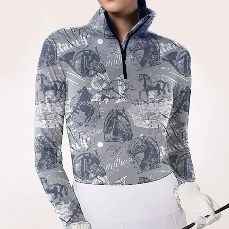 Women's Riding Style Vintage Horse Print Long Sleeve Casual Shirt