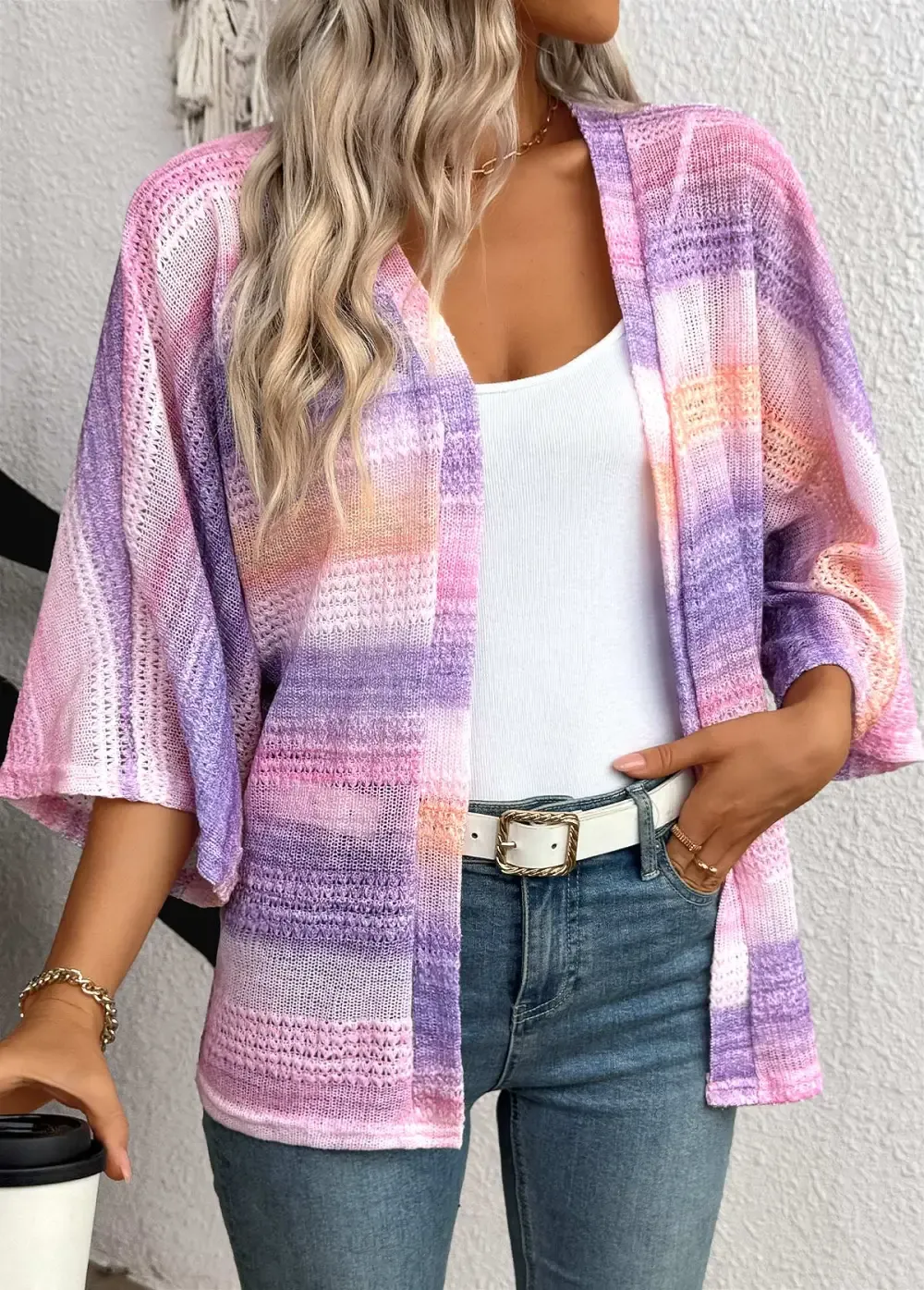 Purple Ombre 3/4 Sleeve V Neck Topper