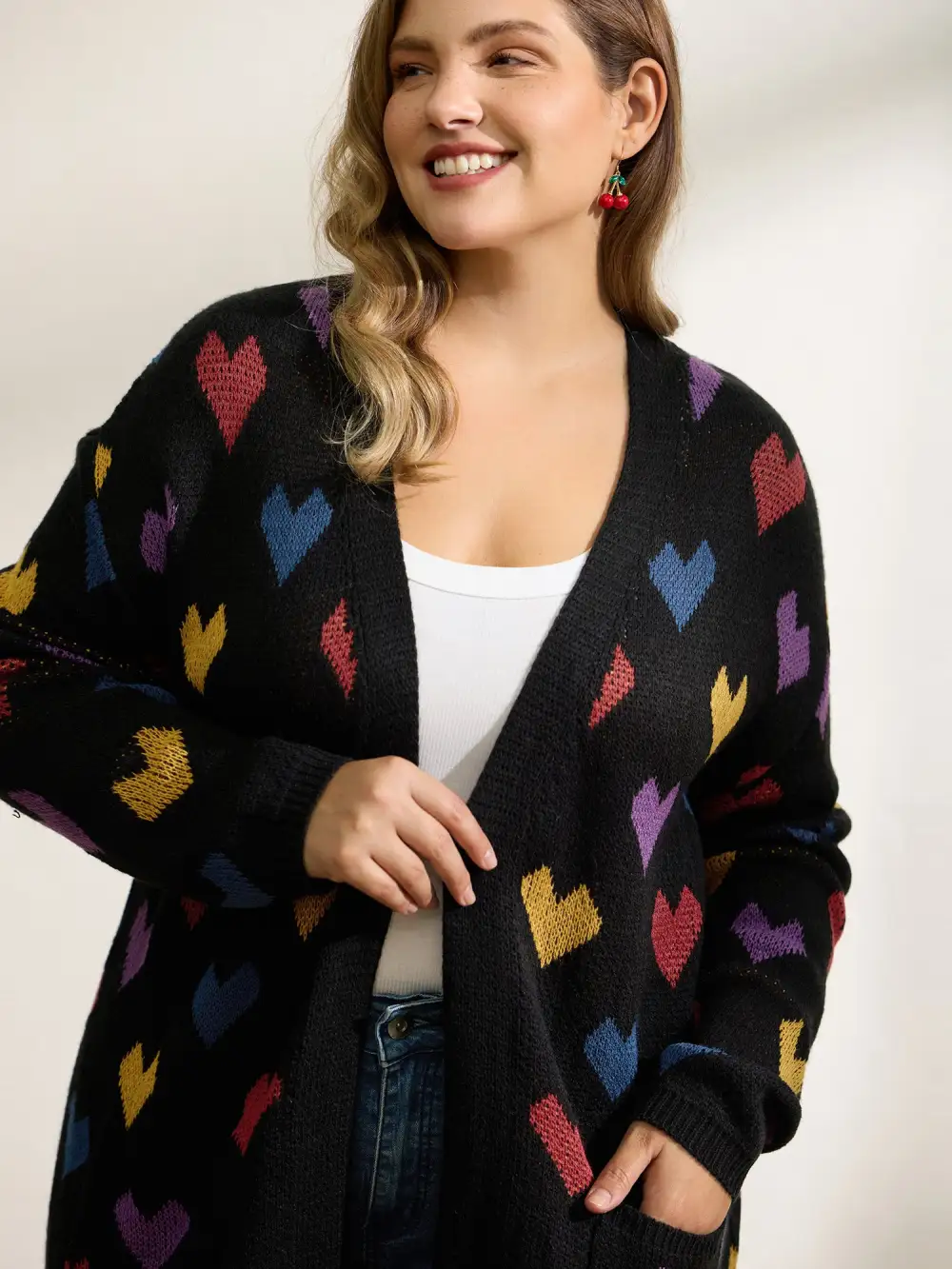 Colorful Hearts Jacquard Pockets Knit Cardigan