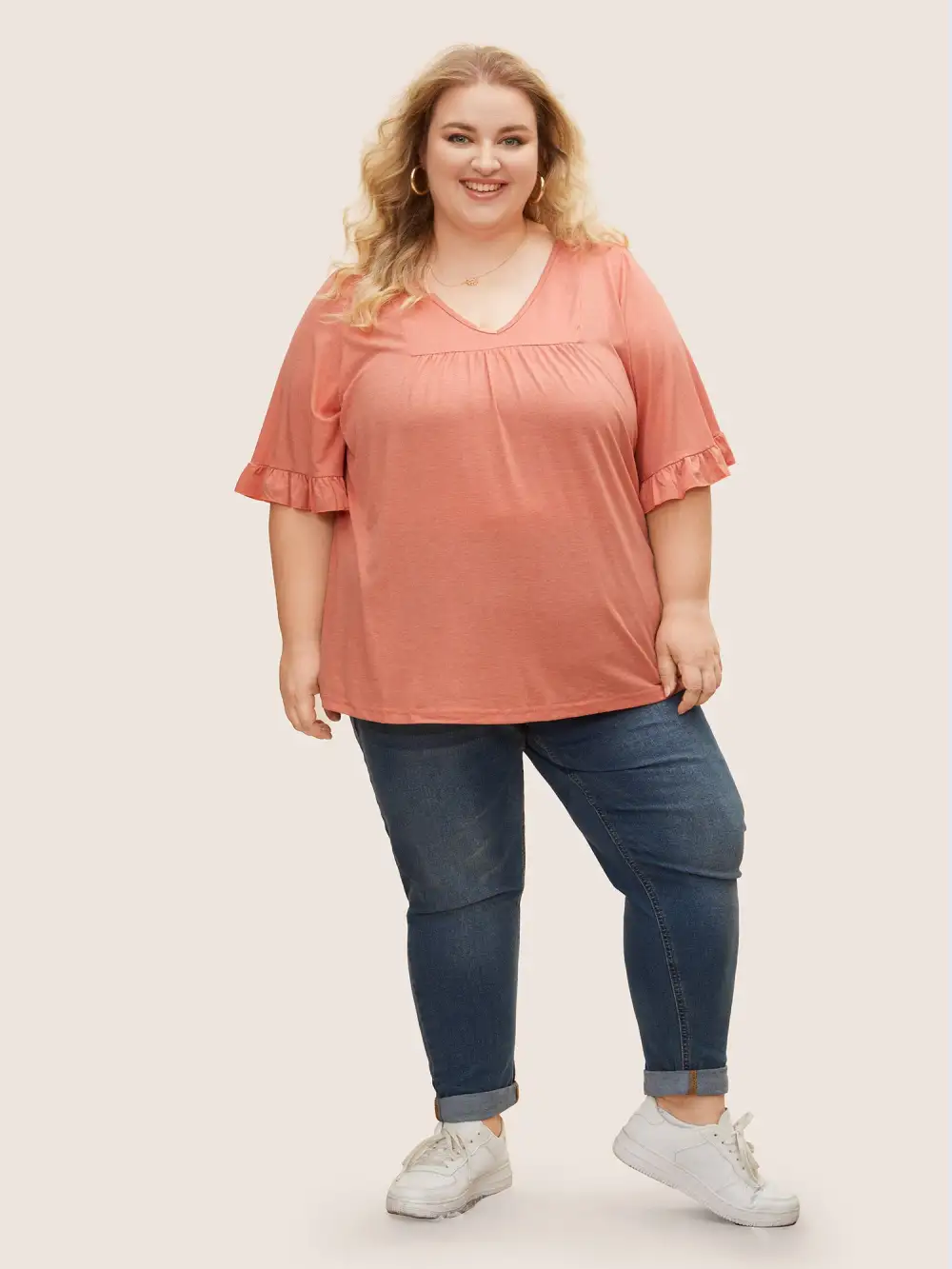 Solid Gathered Ruffle Trim Flounce Sleeve T-shirt