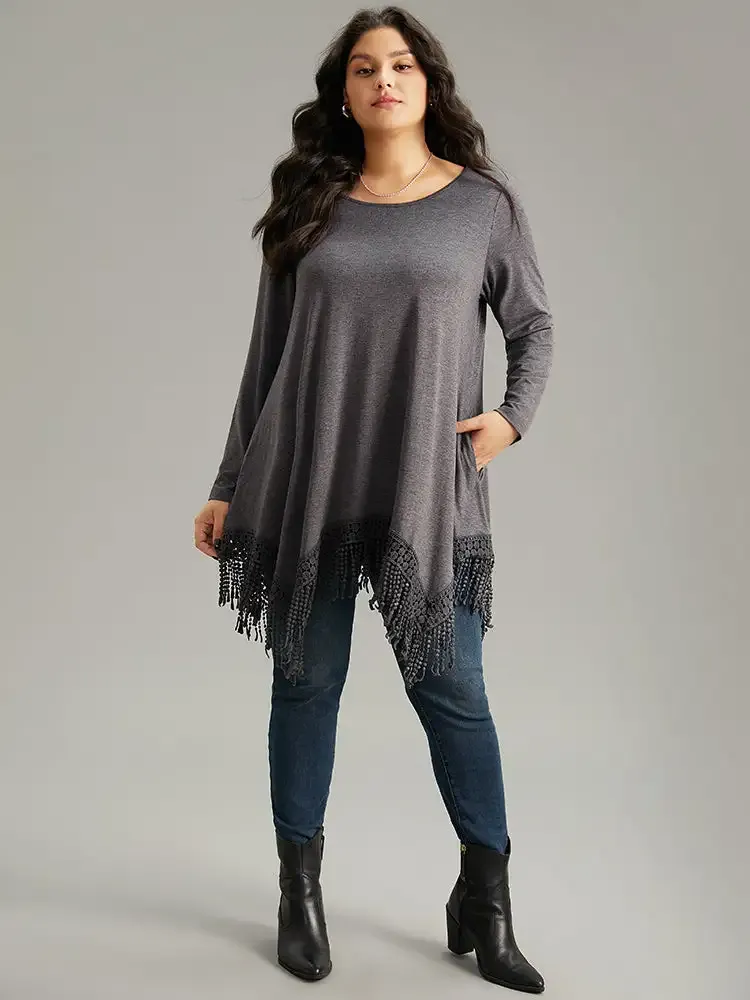 Solid Tassels Trim Pocket Asymmetrical Hem T-Shirt