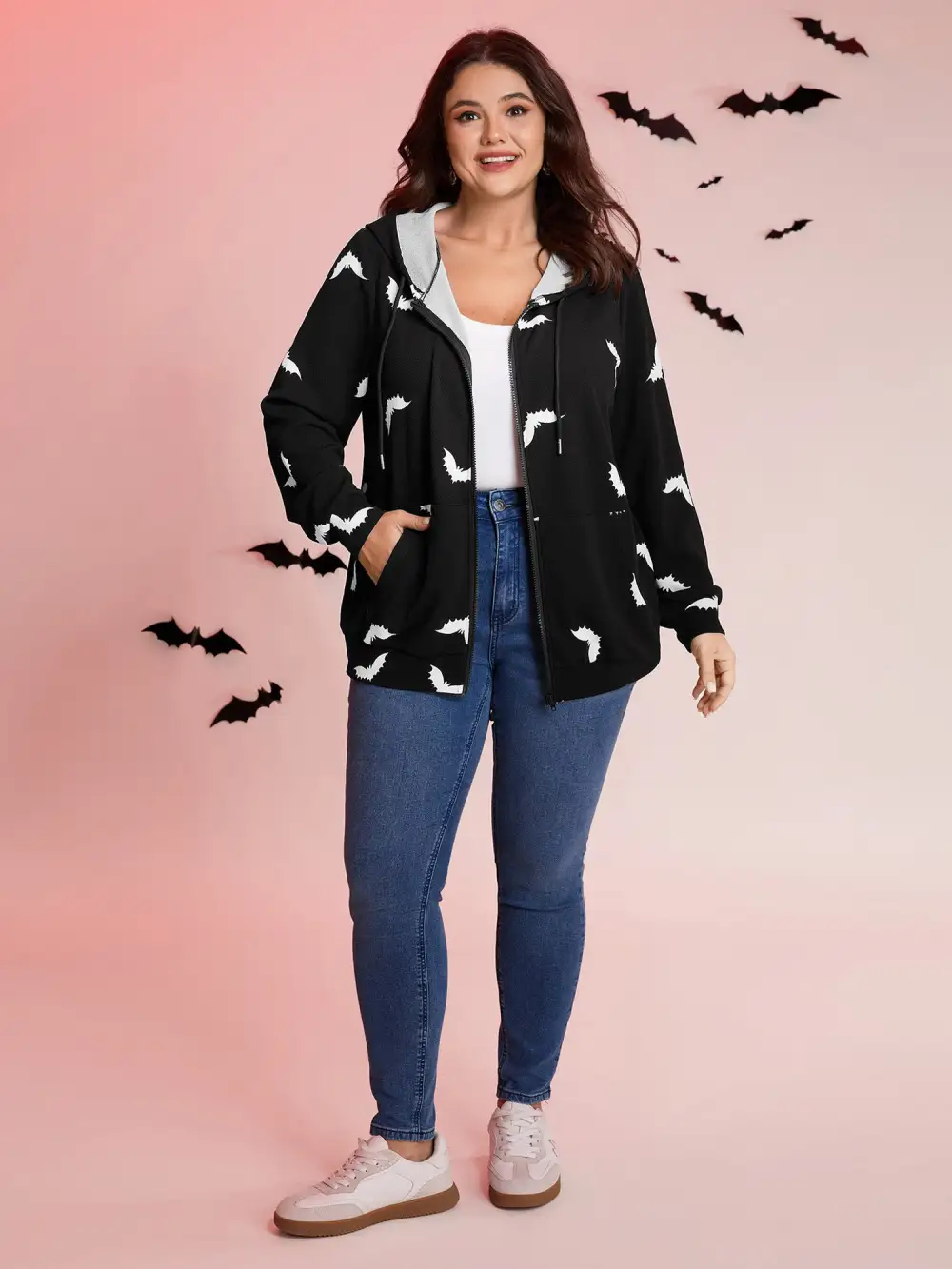 Bat Print Stretchy Textured Zipper Hoodie