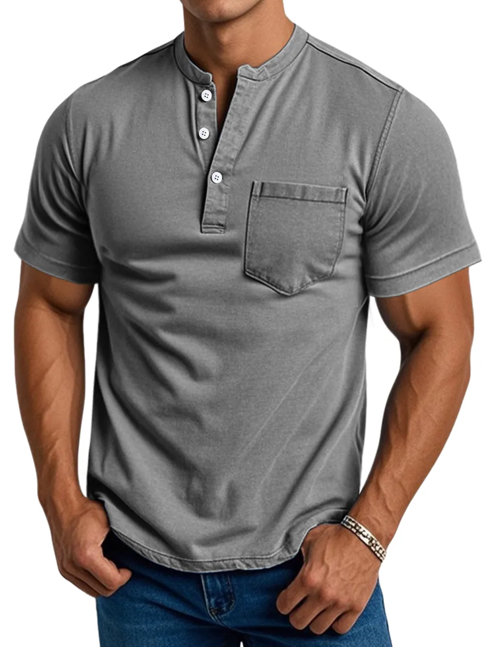 Men's Daily Casual Pocket Stand Collar Short Sleeve Comfortable Henley Shirt