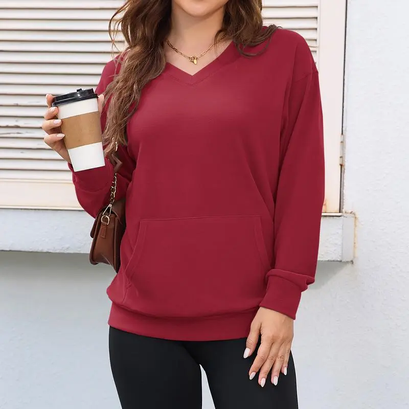 Women's Hoodless V-neck Sweatshirt With Kangaroo Pocket