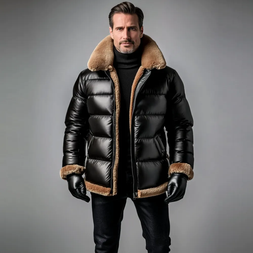 Men's Plush Patchwork Lapel Zipper PU Leather Quilted Coat