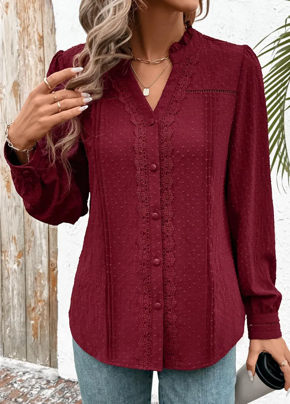 Wine Red Tummy Coverage Long Sleeve V Neck Shirt