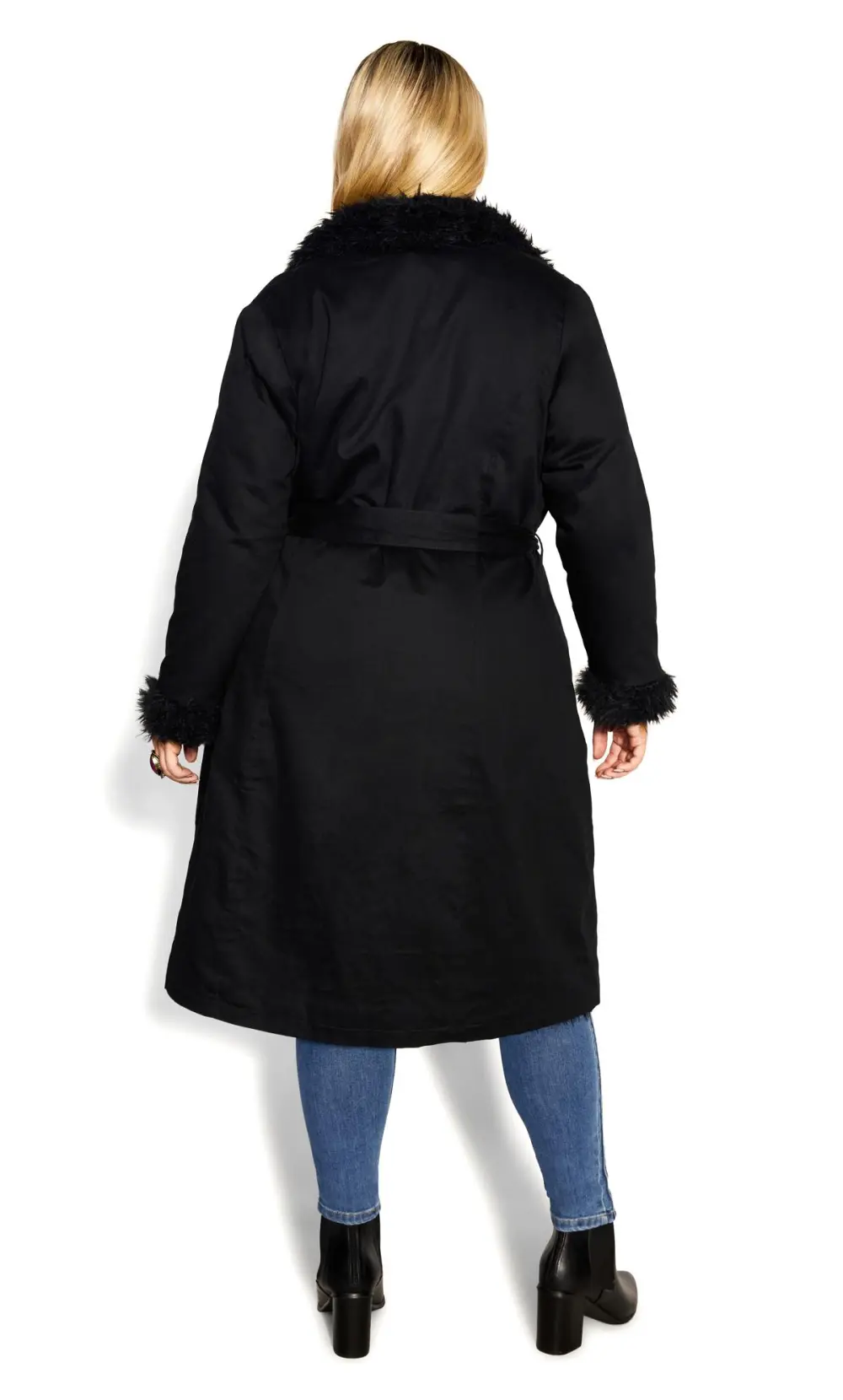 Evans Black Faux Fur Trim Tie Waist Coat