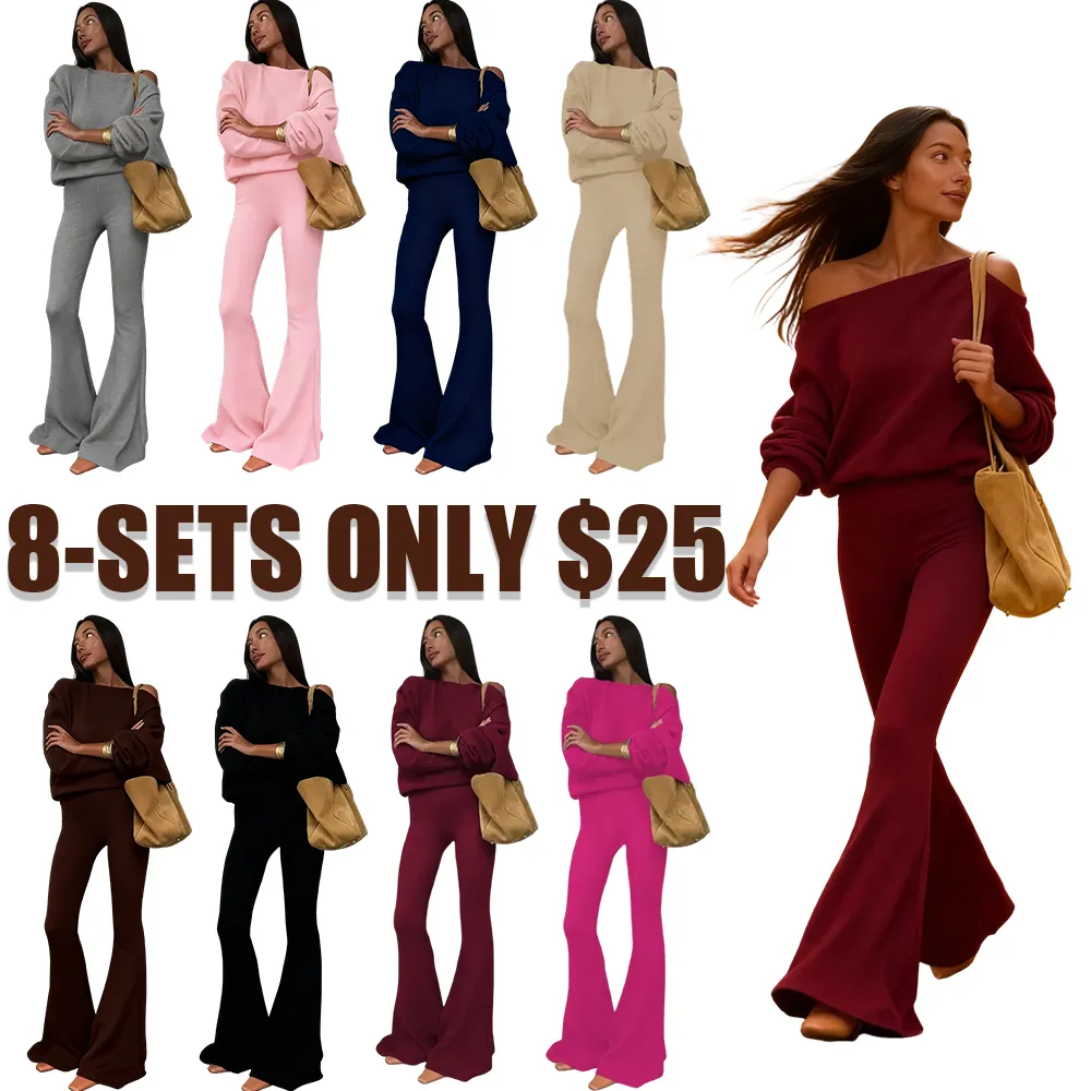 Women's Solid Asymmetrical Neck Top & Flare Leg Pants Set