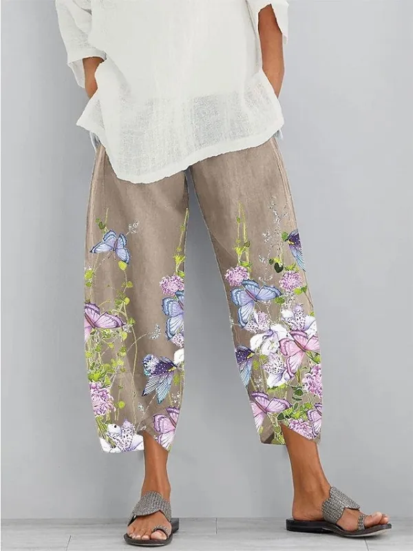 Women's Wide Leg Pants Trousers White Khaki Fashion Casual Daily Side Pockets Ankle-Length Comfort Floral S M L XL 2XL