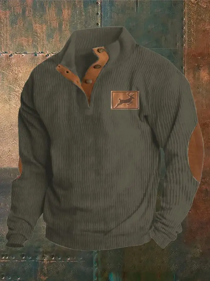 Corduroy Western Style Elk Print Stand Collar Button Down Men's Sweatshirt