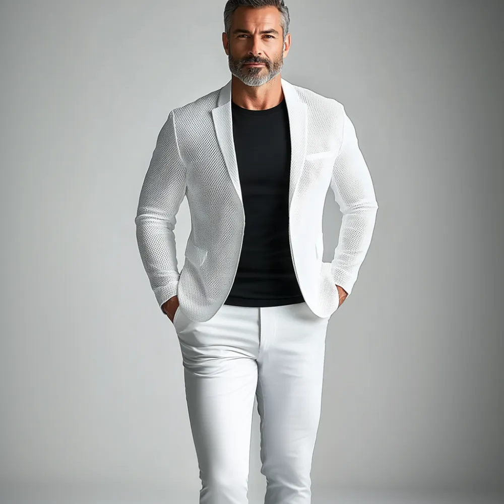 Men's Hollow Out Lapel Collar Button Solid Long Sleeve Blazer